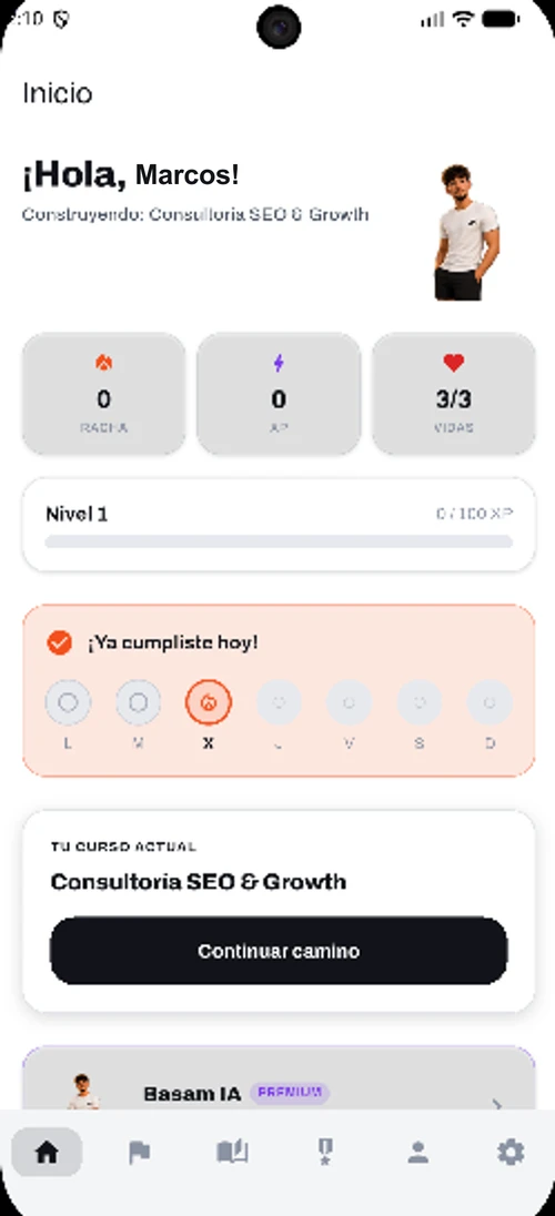 Pantalla real de inicio de la app Mentemprende con racha, XP, vidas y el curso en curso