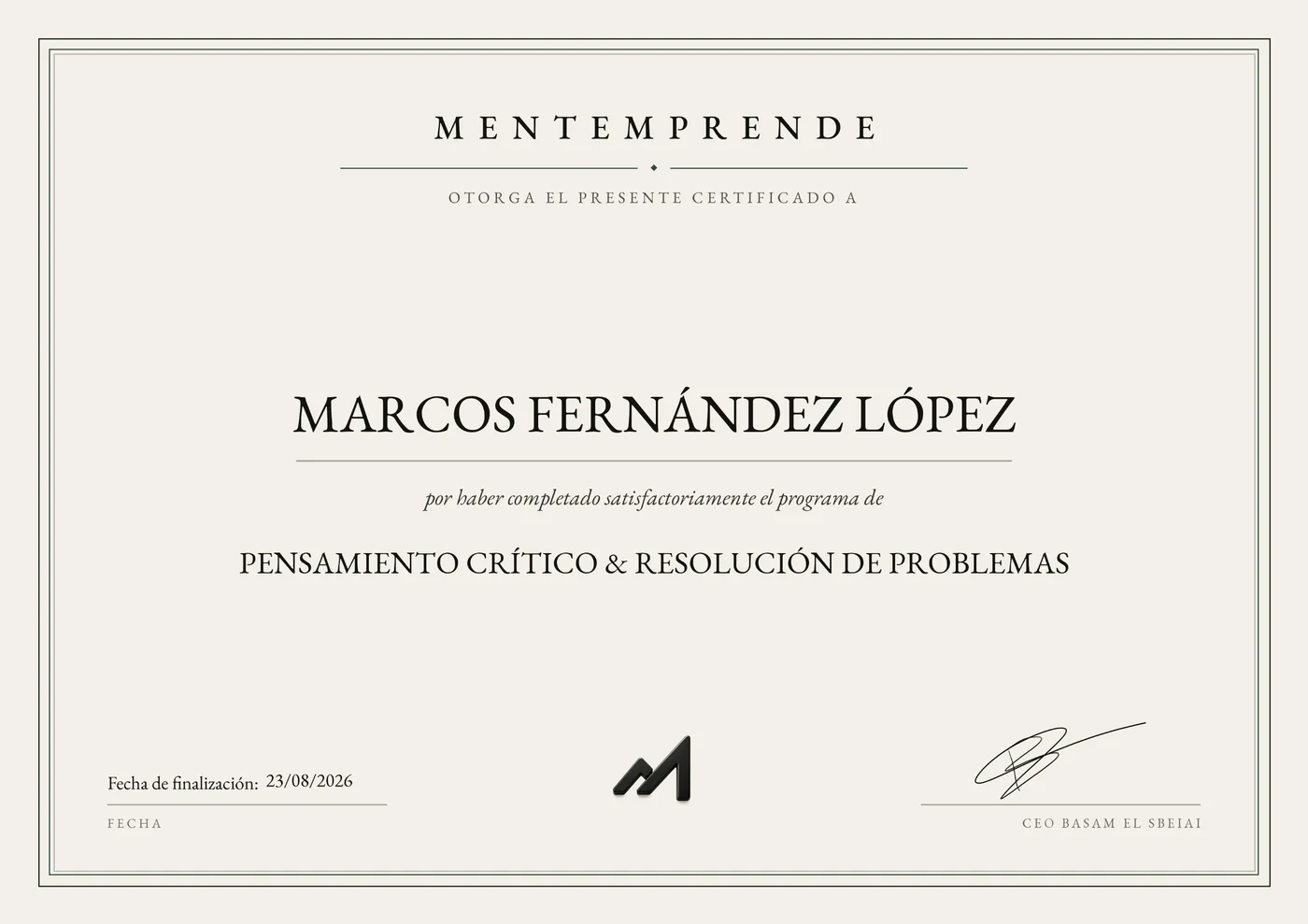 Ejemplo de certificado de finalización de Mentemprende a nombre de Marcos Fernández López